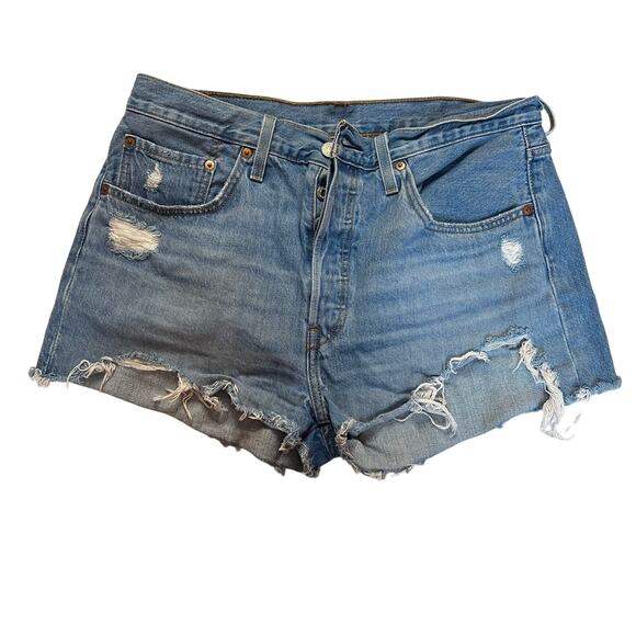Levis 501 Denim Jean Shorts Womens 31 Cut Offs Blue Button Fly Summer Trendy - Picture 1 of 8